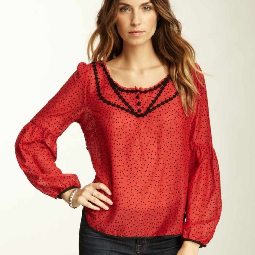 *Free People* Johanna Bohemian Red & Black Polka Dot Lace Trim L/S Blouse- Small
